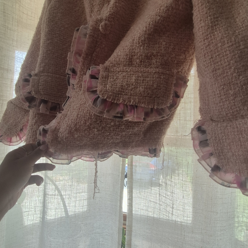 Pink Tweed Jacket with Ruffle Trim